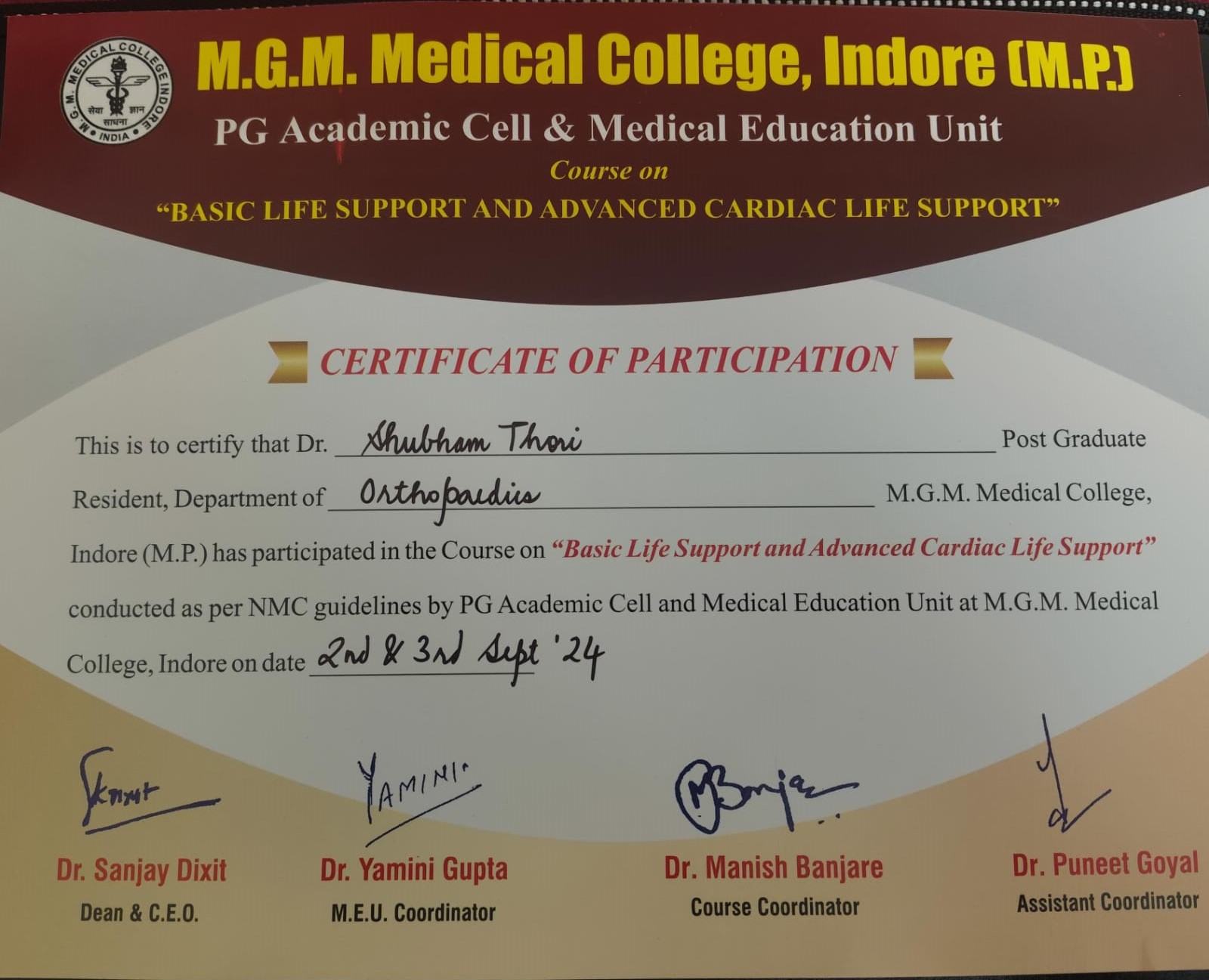 Certifiacte of Participation in basic life support and advanced cardiac life support event of dr. thodi