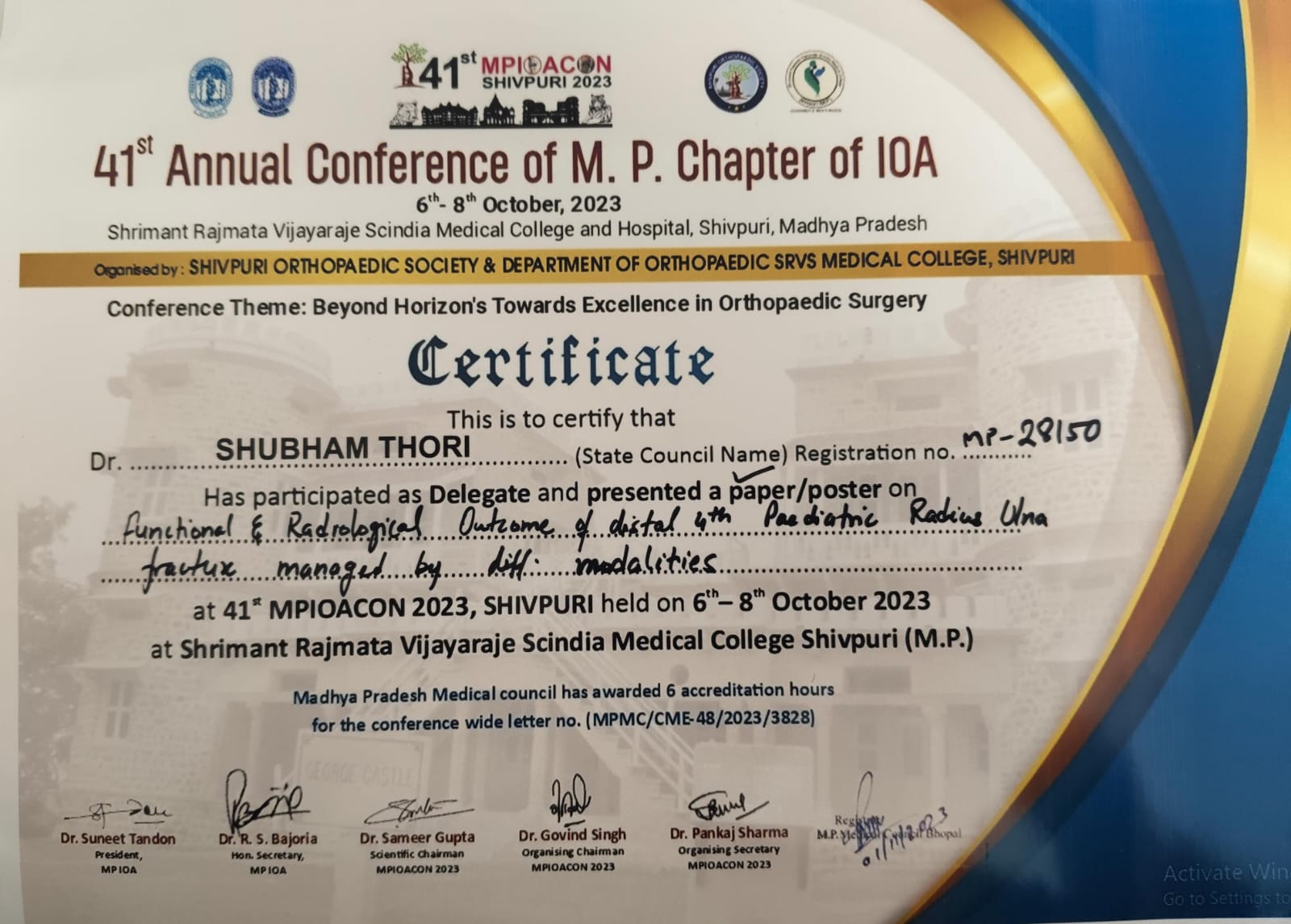 Dr. Shubham Thori, Orthopedic Surgeon in Indore, presented a paper on functional and radiological outcome of distal 4th paediatric radius ulna fracture at 41st Annual Conference of M.P. Chapter of IOA, held at Shivpuri in October 2023