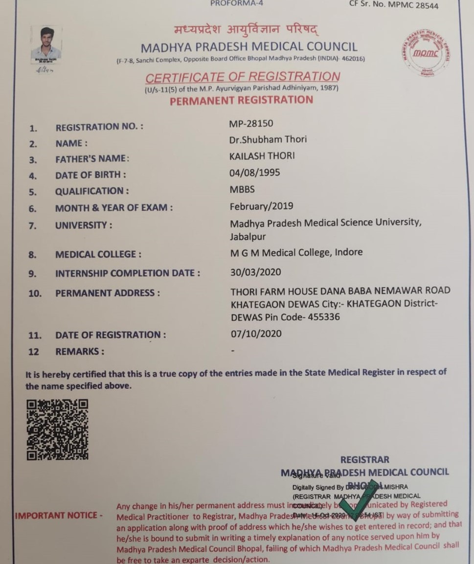 Dr. Shubham Thori, Orthopedic Surgeon in Indore, holding Permanent Registration Certificate from Madhya Pradesh Medical Council for MBBS degree from M.G.M. Medical College Indore, registered in October 2020