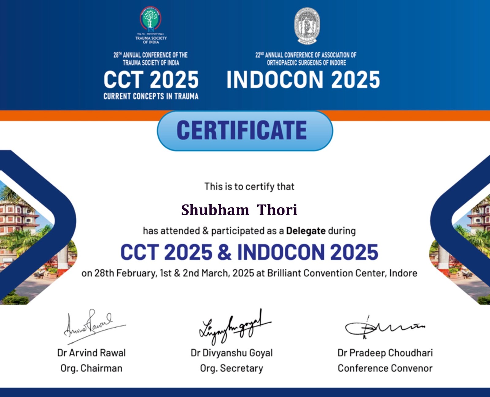 Event participation certificate of dr. shubham thori